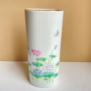Otagiri Japan Lotus Garden vase with pastel flowers and gold trim on white